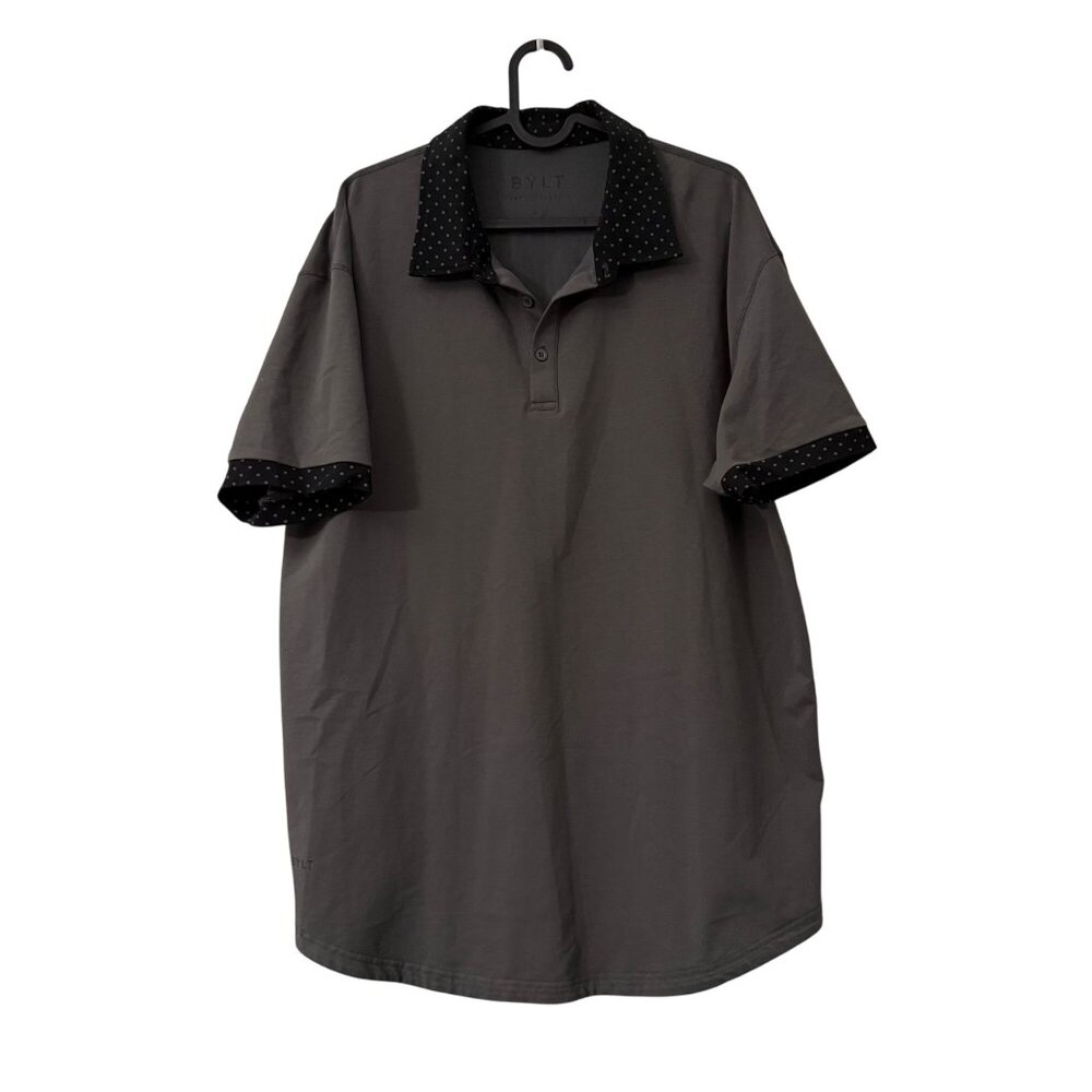 Bylt Gray Black Polka Dot Trim Drop Cut Shor Sleeve Lux Polo Shirt Mens XL